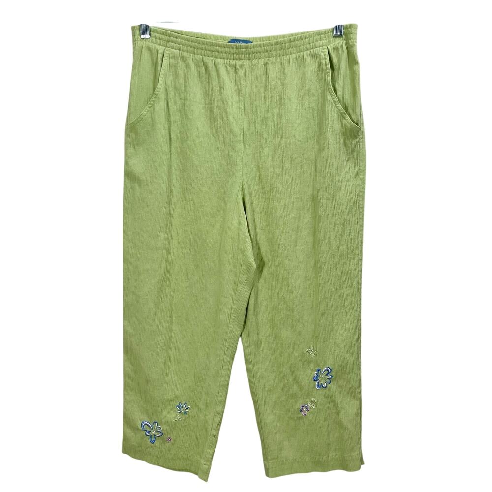 Vintage 90s Nappa Valley Green Capri Pant Embroidered Elastic Waist Size 8